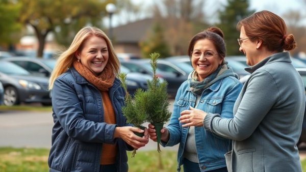 People receiving free trees in San Antonio community event.