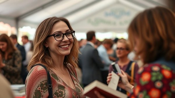 Smiling woman at Texas Book Festival event under a tent.