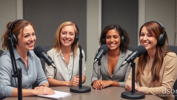 Understanding female anatomy podcast discussion, smiling hosts, studio setting.