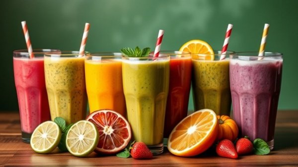 Colorful smoothies highlighting health benefits, vibrant and fresh display.