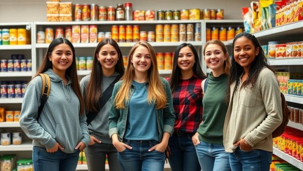 Dallas College food pantry with students and organized shelves.