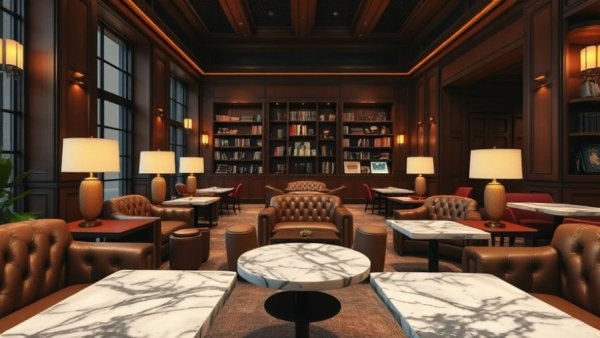 Headliners Club renovation Austin showcases elegant lounge with leather chairs and marble tables.