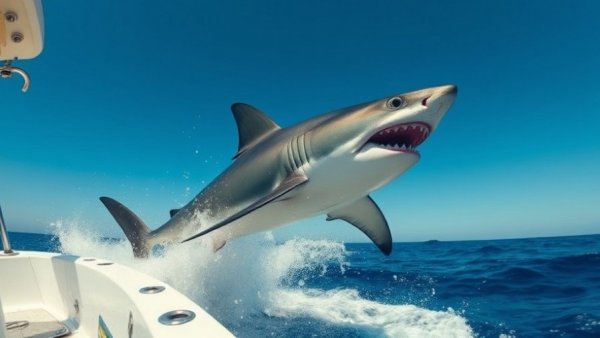 Mako shark jumps onto fishing boat creating splashes in open ocean.