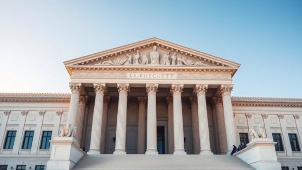 Supreme Court building facade against clear sky related to Trump tariff case.