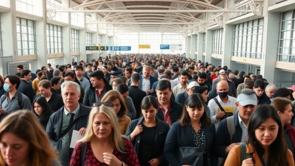 Busy airport terminal during government shutdown flight reductions.