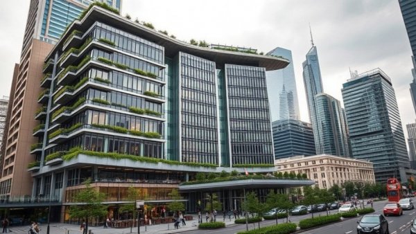 Modern building in Dallas financial services district with green terraces.