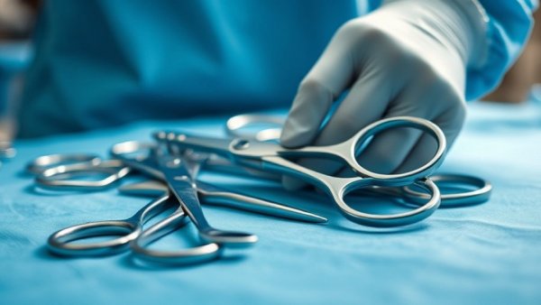 Surgical scissors and instruments on sterile drape.