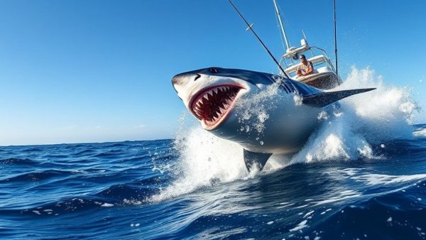 Dramatic scene of shark breaching onto boat in open ocean.