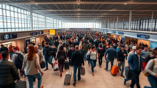 Crowded airport terminal amid US news flight reductions.