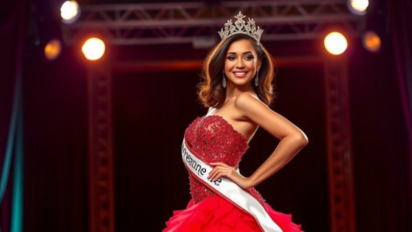 Miss Universe pageant controversy: contestant in red gown on stage.