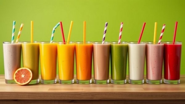 Colorful smoothies aligned on a wooden table for health and wellness.