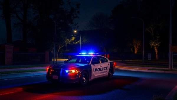 Police car with blue lights in Austin neighborhood, night scene