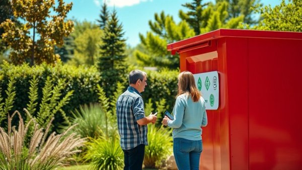 Illegal dumping in Northeast Houston: people talking by a red dumpster.