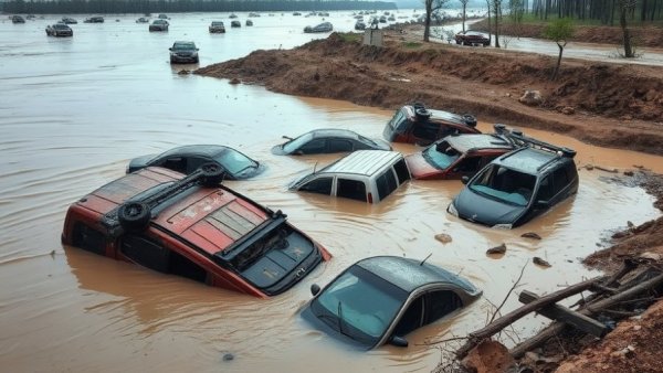 San Antonio flood study results: damaged cars in muddy water.