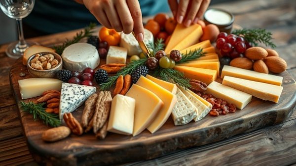 Holiday charcuterie board artfully arranged on a wooden table.