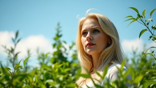 Thoughtful blonde woman in nature, reflecting on mental health recovery.