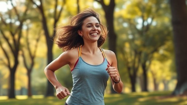 Smiling woman jogging outdoors using nature as her gym