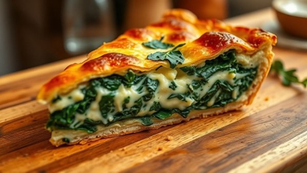 No Crust Spinach and Swiss Quiche slice on cutting board.