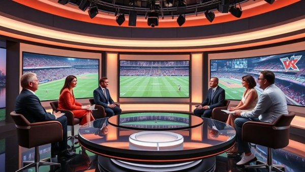 Sports commentators in a studio discussing NFL news and NBA highlights.