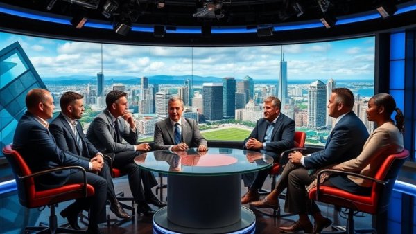 Sports talk show hosts discussing sports topics in a modern studio.