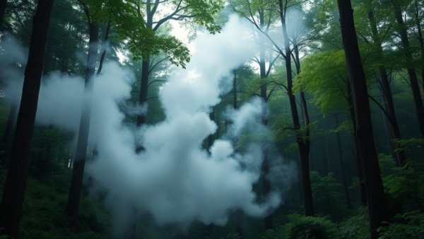 Wildfire smoke in forest impacting air quality and respiratory health.