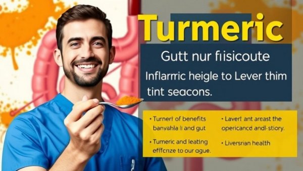 Turmeric for gut health and mental wellness poster with man in blue scrubs.