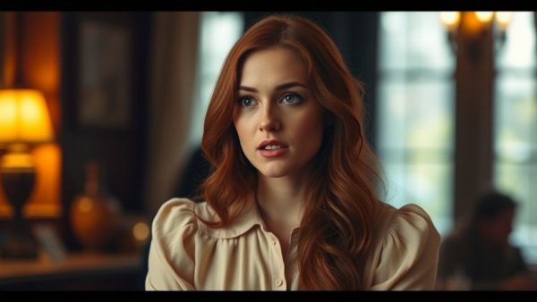 Woman with auburn hair speaking softly in a warm setting.