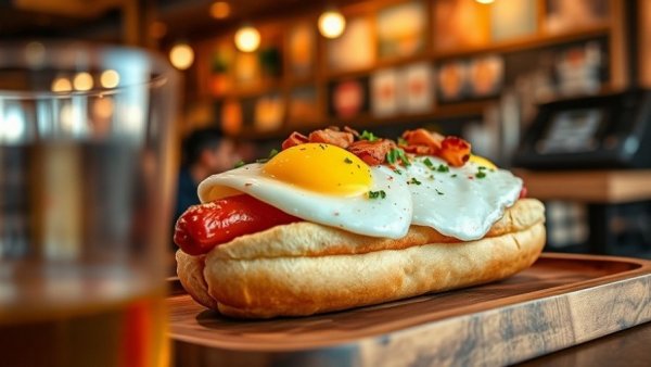 Gourmet hot dog with fried egg topping, San Antonio dining.