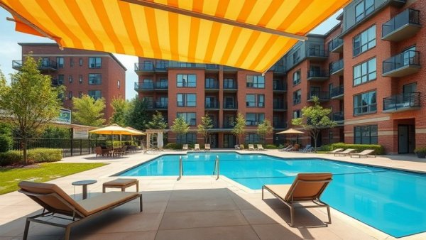 Chic San Antonio apartment pool area with loungers and canopy.