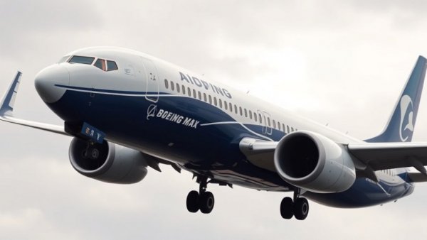 Boeing 737 MAX aircraft in flight displaying branding.