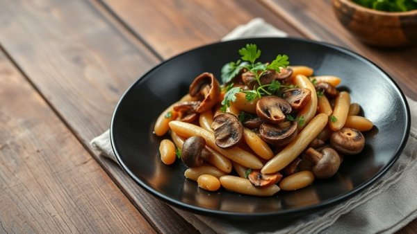 Cannellini beans with wild mushrooms elegantly plated on rustic wood.