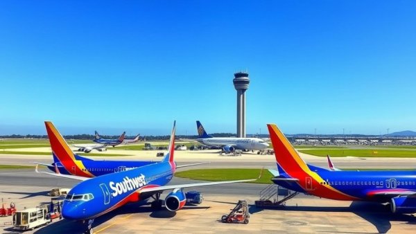 Busy Austin-Bergstrom Airport with Southwest planes and control tower.