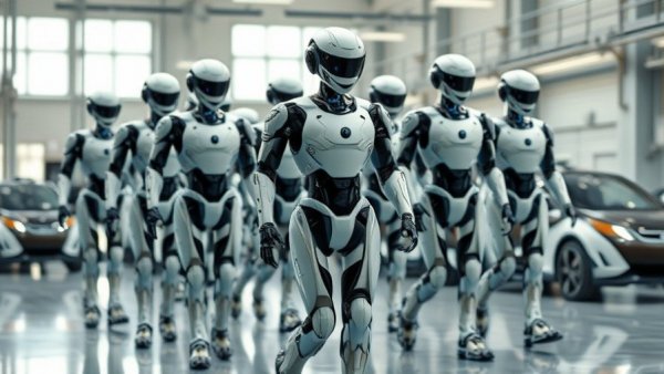 Advanced humanoid robots walking in a Tesla workspace, showcasing futuristic innovation.