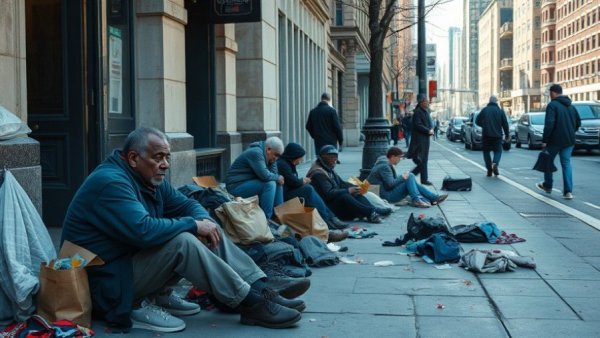 Urban street scene showing homelessness impact; individuals on sidewalk.