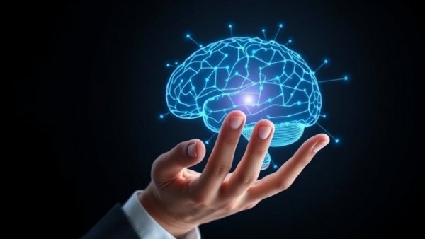Futuristic hologram of AI brain over a hand shows tech integration.