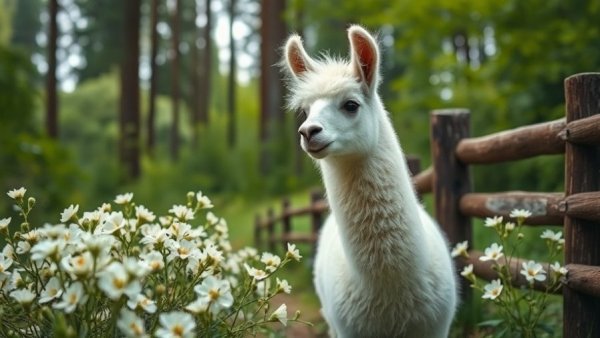 Curious mini llama with fluffy fur in a forest, surrounded by flowers and a wooden fence, related to Alzheimer's treatment.