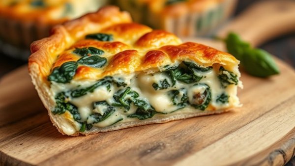 No Crust Spinach and Swiss Quiche slice on wooden board, knife beside.