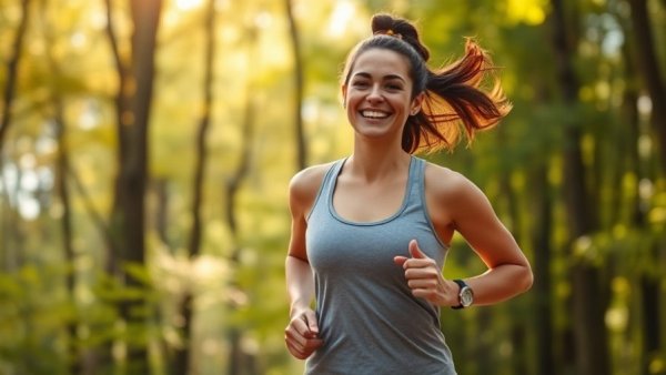 Woman jogging amidst trees, using nature as your gym for fitness.