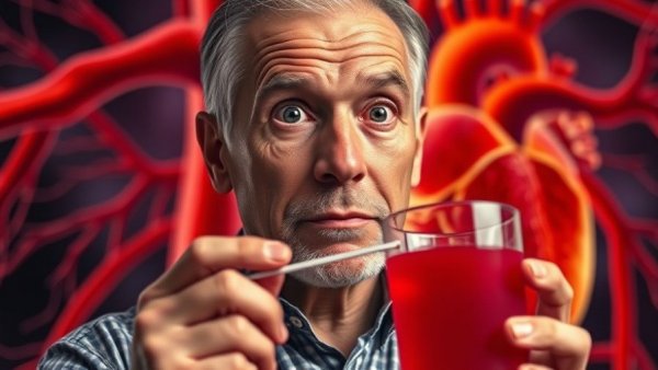 Curious man holds red juice to unclog your arteries, vibrant illustration.