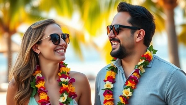 Cheerful couple enjoying a sunny outdoor setting with leis and sunglasses.