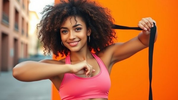 Woman exercising with resistance band outdoors, colorful background