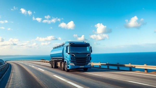 Long blue tanker truck on coastal highway, representing Texas trucking layoffs.