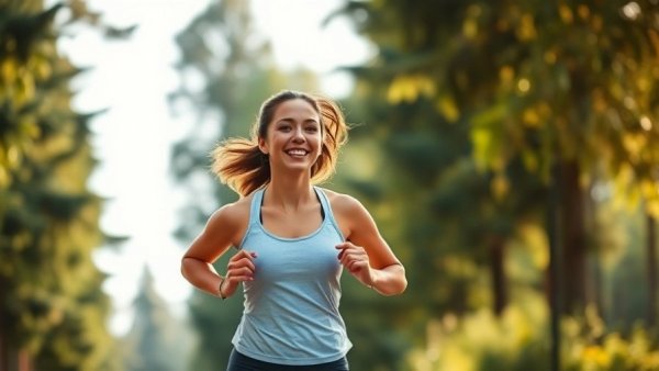 Energetic woman jogging in nature, outdoor fitness guide.