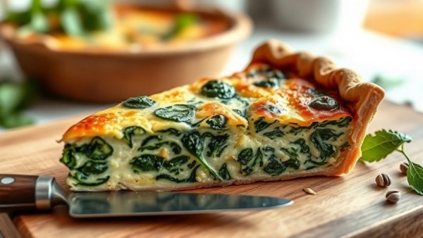 Slice of spinach and Swiss quiche with crispy top on a board.