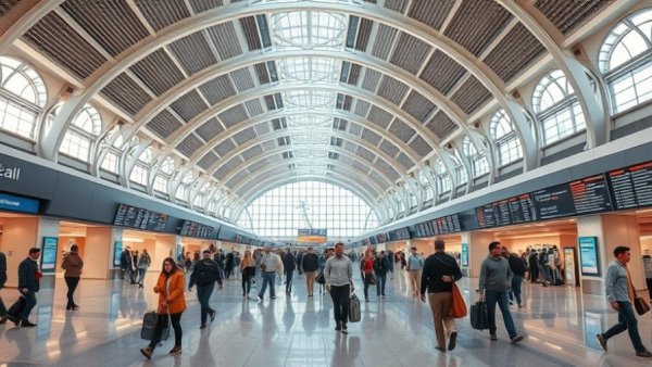 San Antonio travel alerts in busy airport terminal with wait time display.