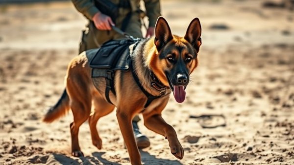 Texas Game Wardens K-9 in training on sandy ground.