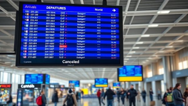 Electronic flight board showing flight cancellations at airport