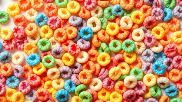 Assortment of colorful cereal loops highlighting synthetic dyes health risks.