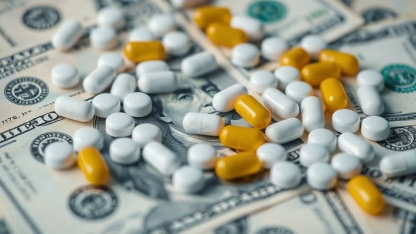 Pills on dollar bills depicting lower Medicaid drug spending.