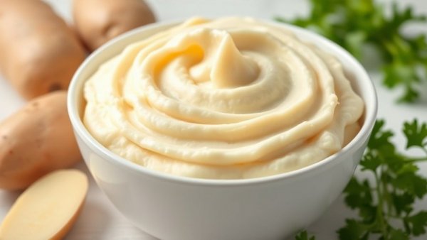 Creamy mashed potatoes in a bowl, healthier recipe.